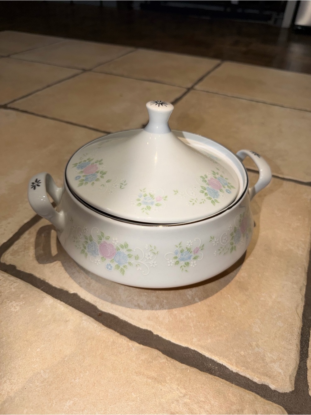 White Covered Serving Casserole with Pastel Floral Design